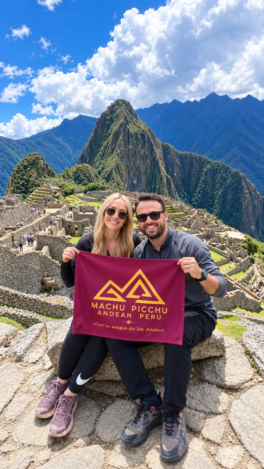 Pareja viajera con la bandera de Machu Picchu Andean Peru