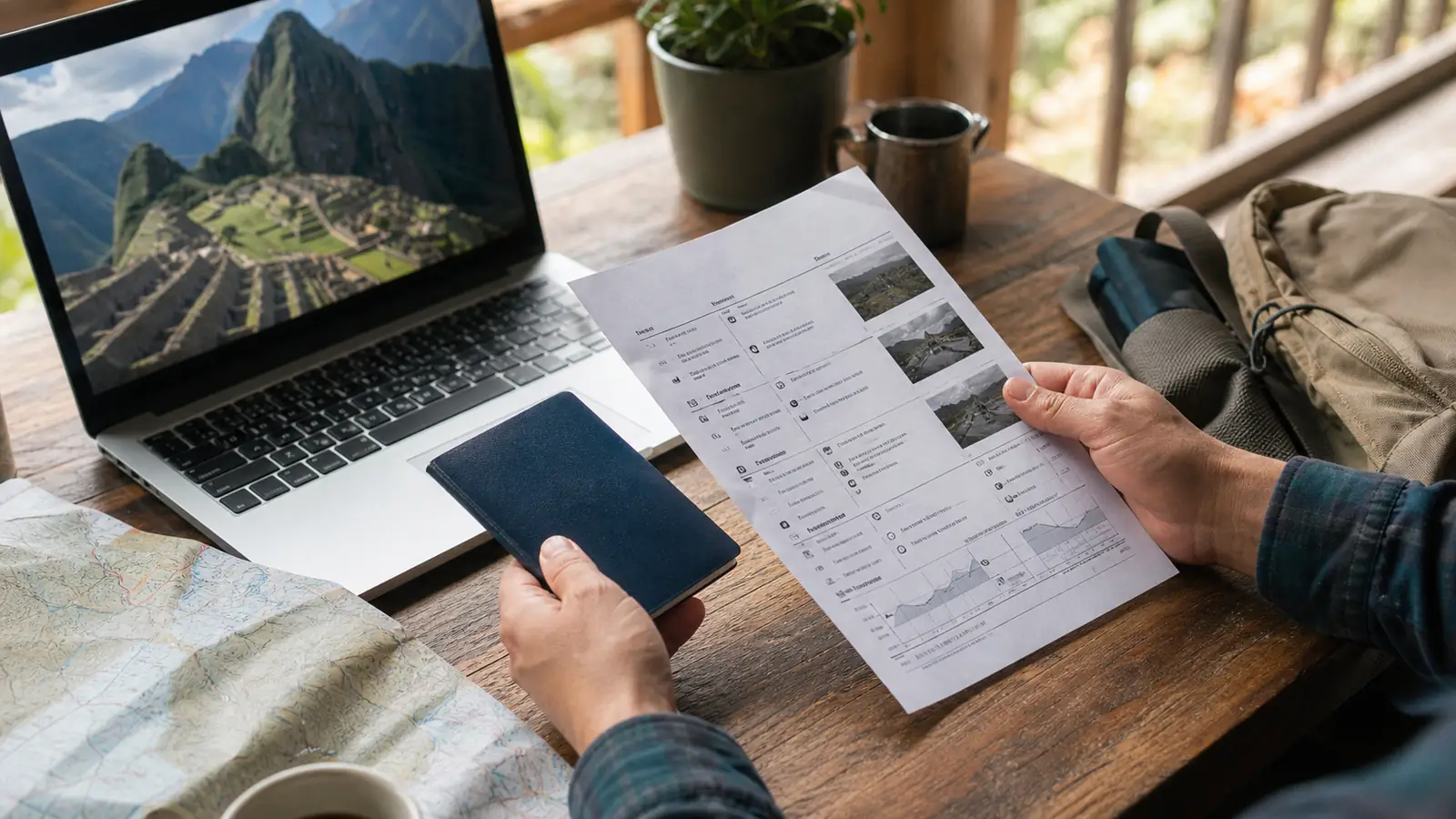 Traveler reviewing booking documents and an itinerary for an Inca Trail permit