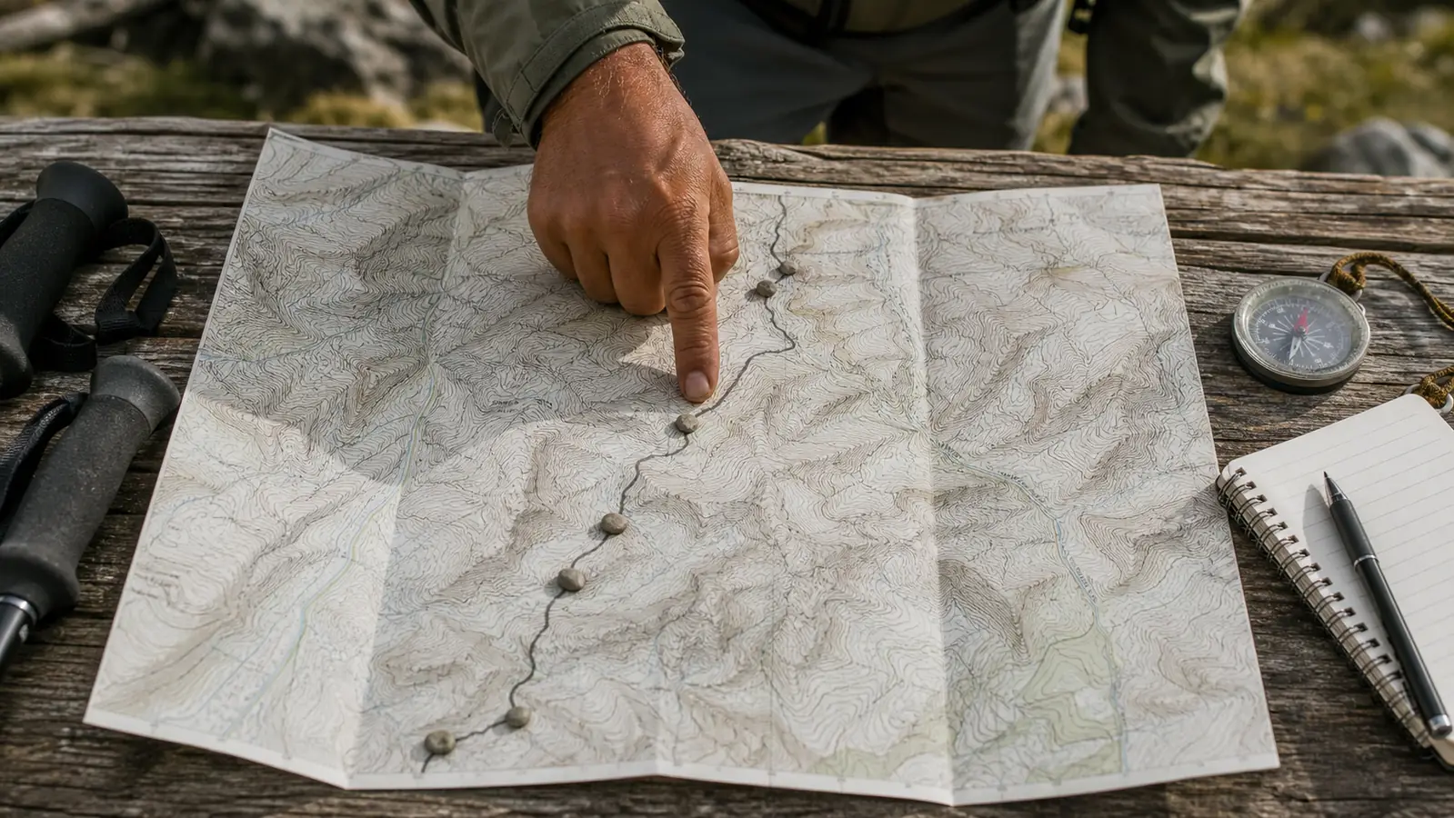 Guide pointing to a topographic map of the Classic Inca Trail route