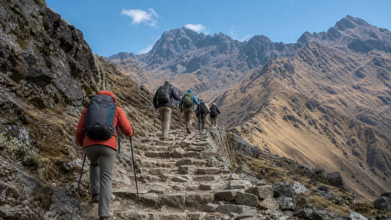 Hikers climbing high stone steps toward Dead Woman's Pass on the Inca Trail