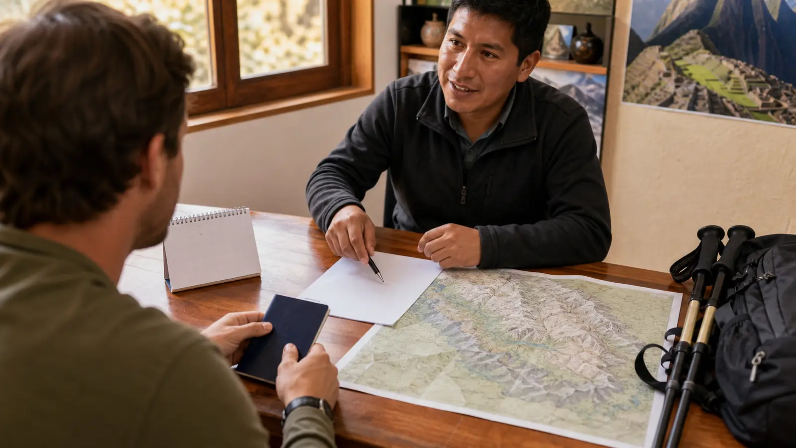 Traveler organizing documents and a route map with an Inca Trail advisor