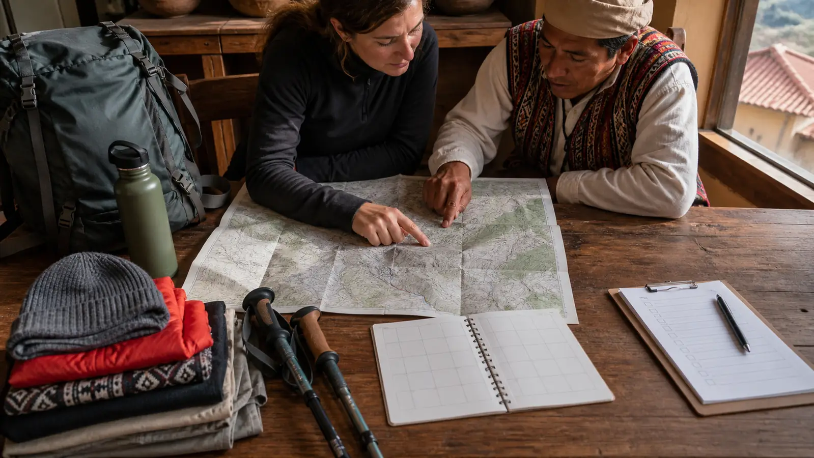 Traveler and Peruvian guide planning an Inca Trail route with trekking gear