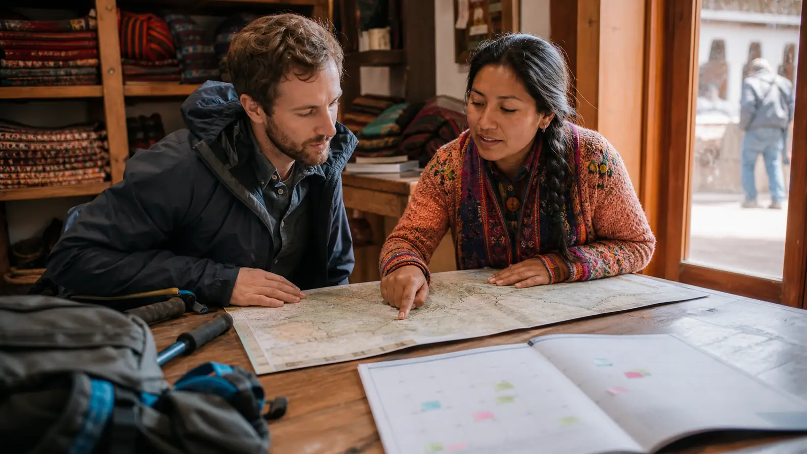 Traveler and Peruvian trekking specialist planning Inca Trail dates in Cusco