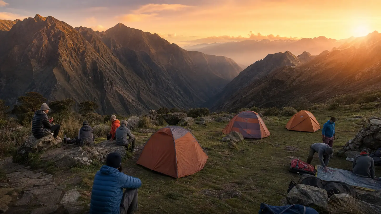 Tents and trekking staff at an authorized Inca Trail campsite during sunset