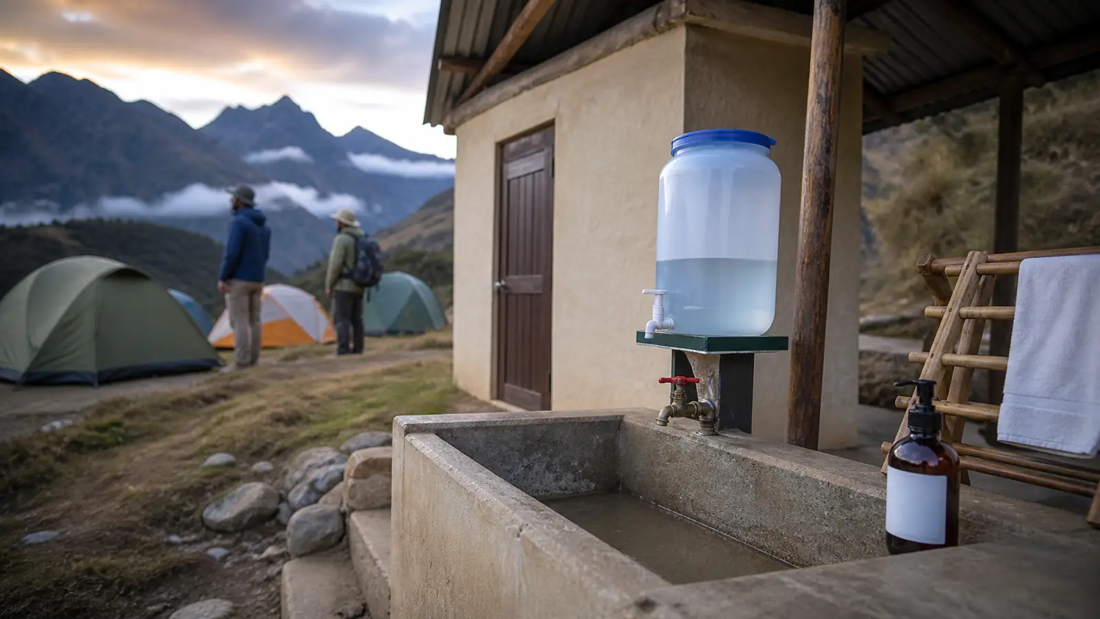 Basic handwashing station and sanitary hut at an Inca Trail campsite