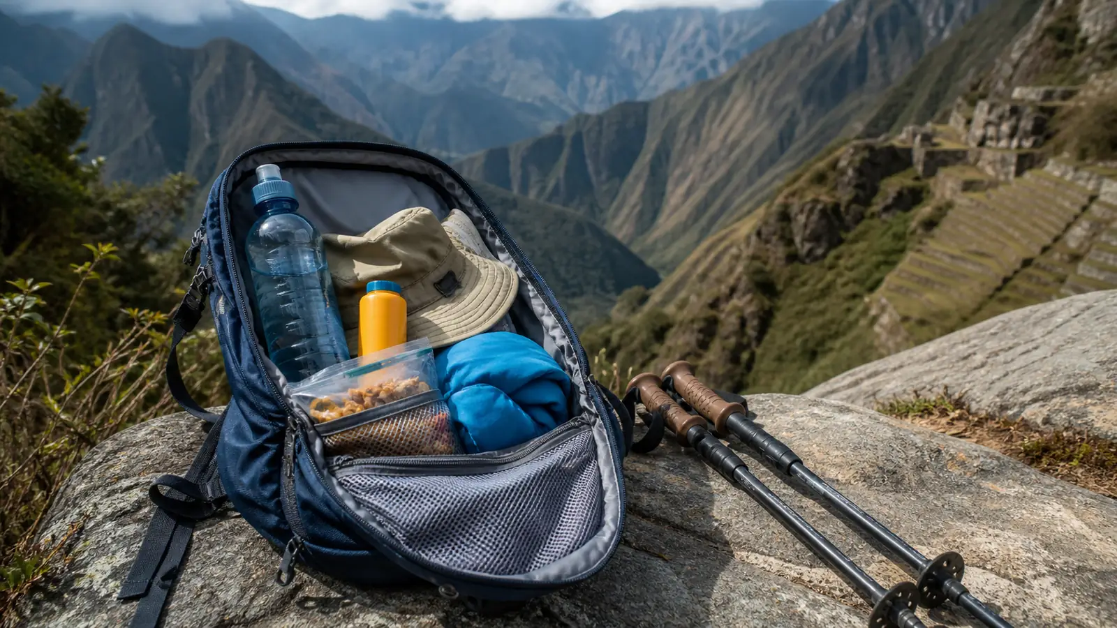 Water, sun protection, snacks and rain gear packed for an Inca Trail day hike