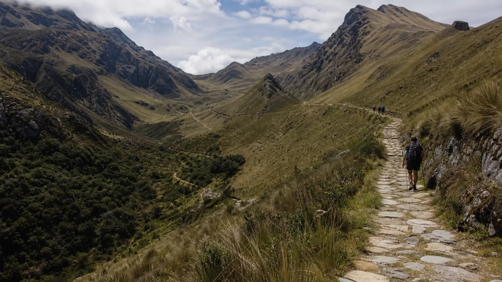 Long Inca stone trail crossing several layers of high Andean terrain