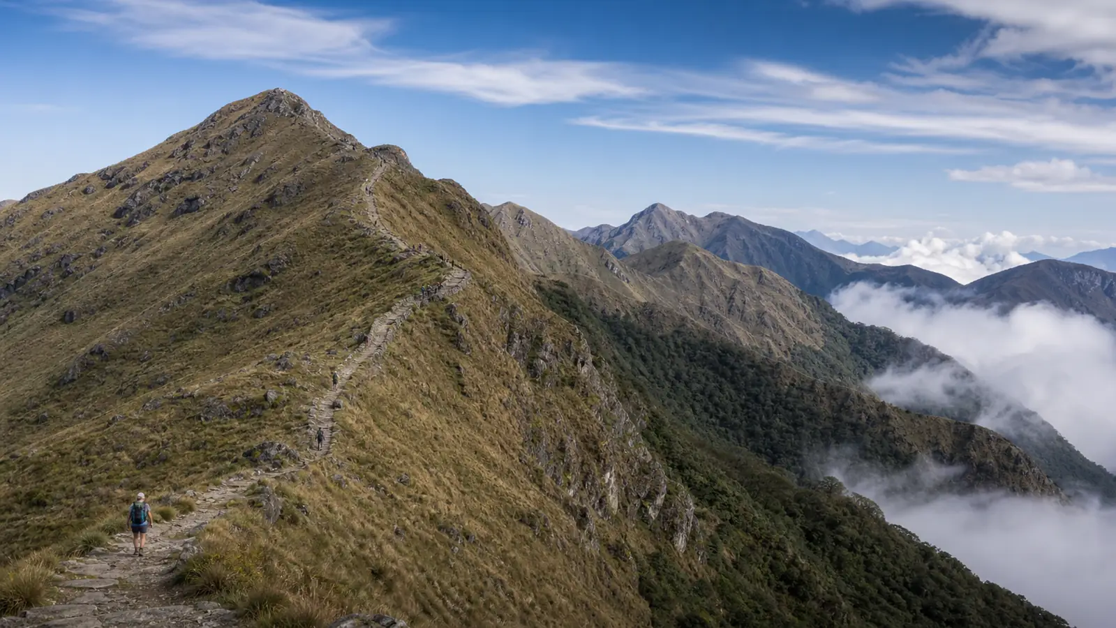 Inca stone path climbing and descending across a sequence of Andean ridges