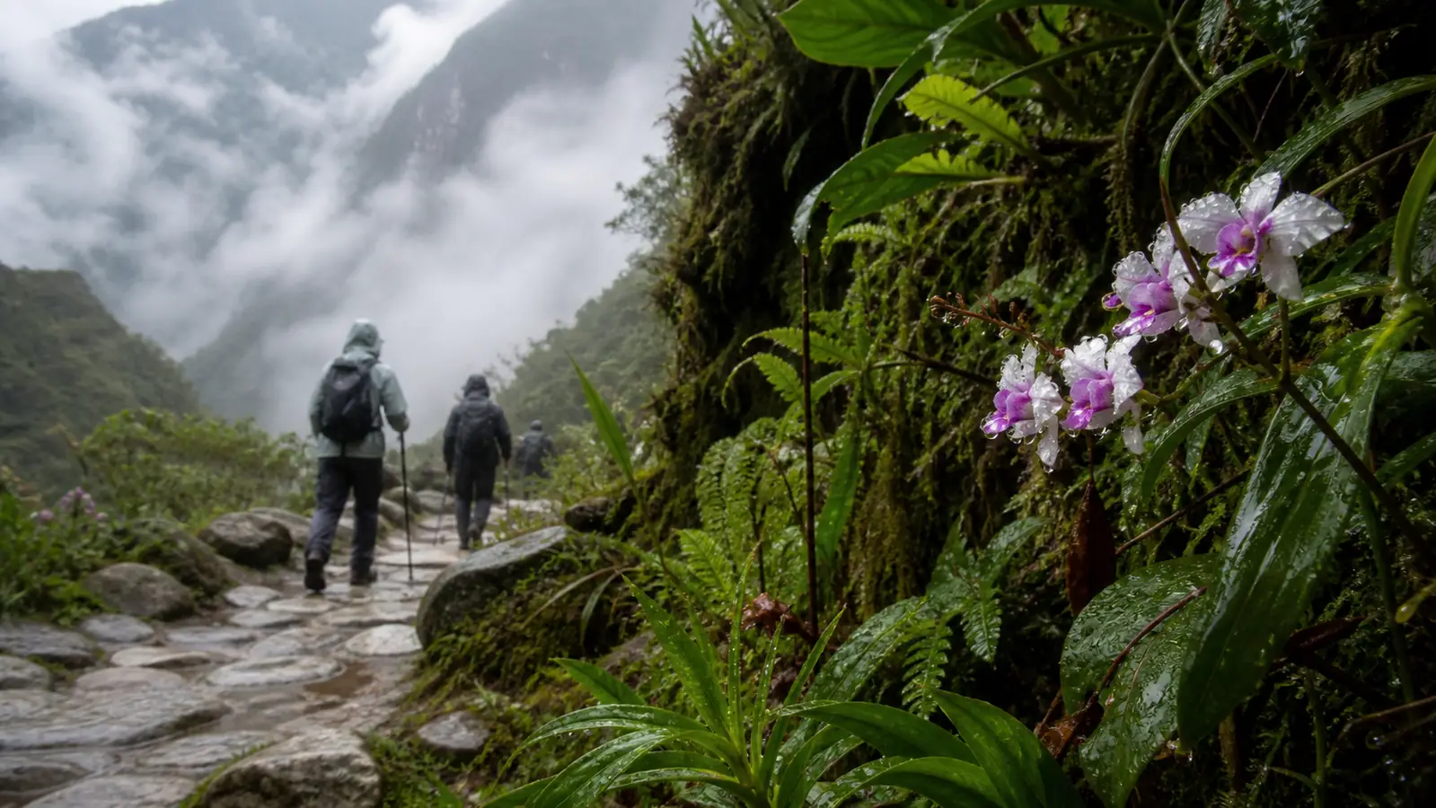 Rain-covered orchids beside hikers on the Inca Trail in December