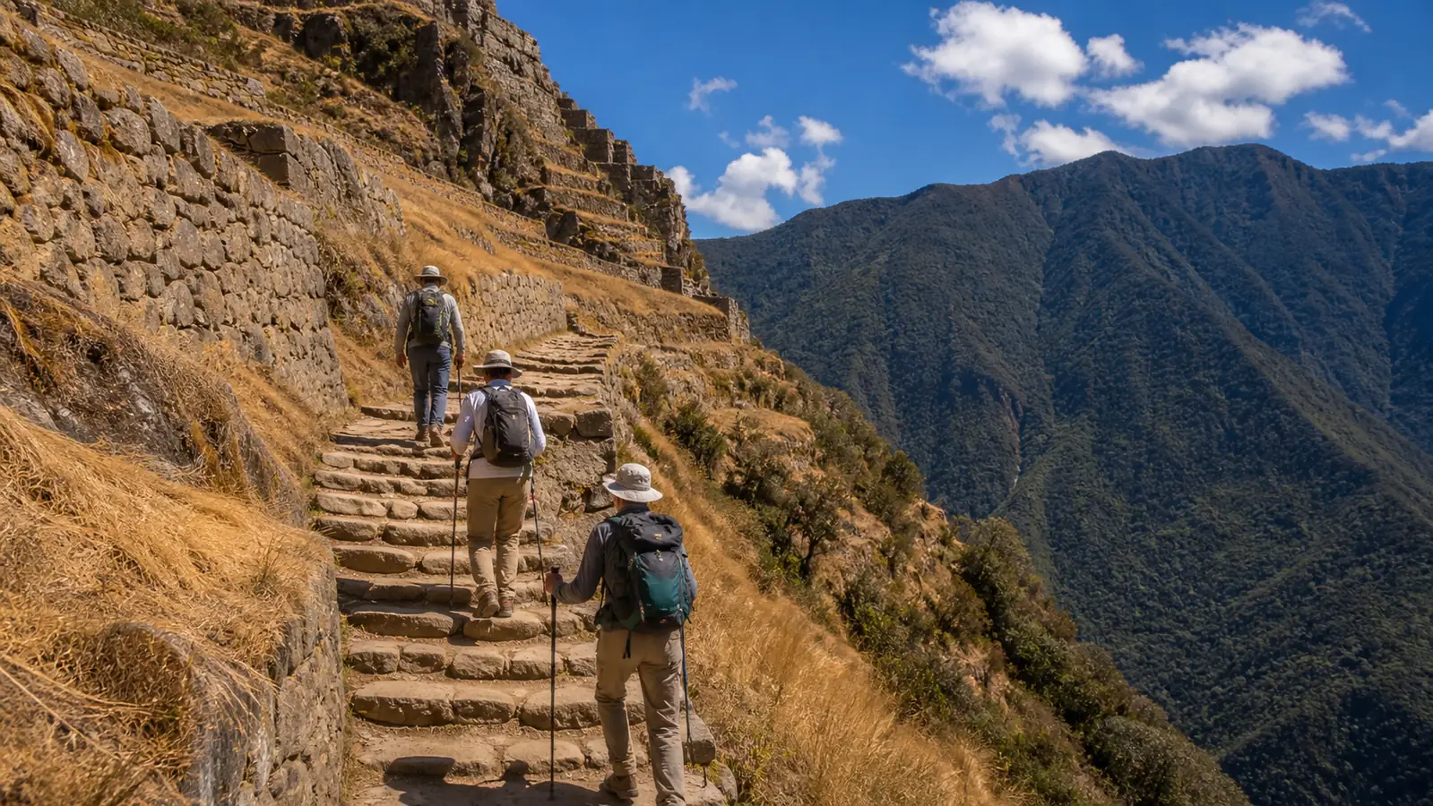 Hikers climbing sunlit Inca terraces during the July dry season