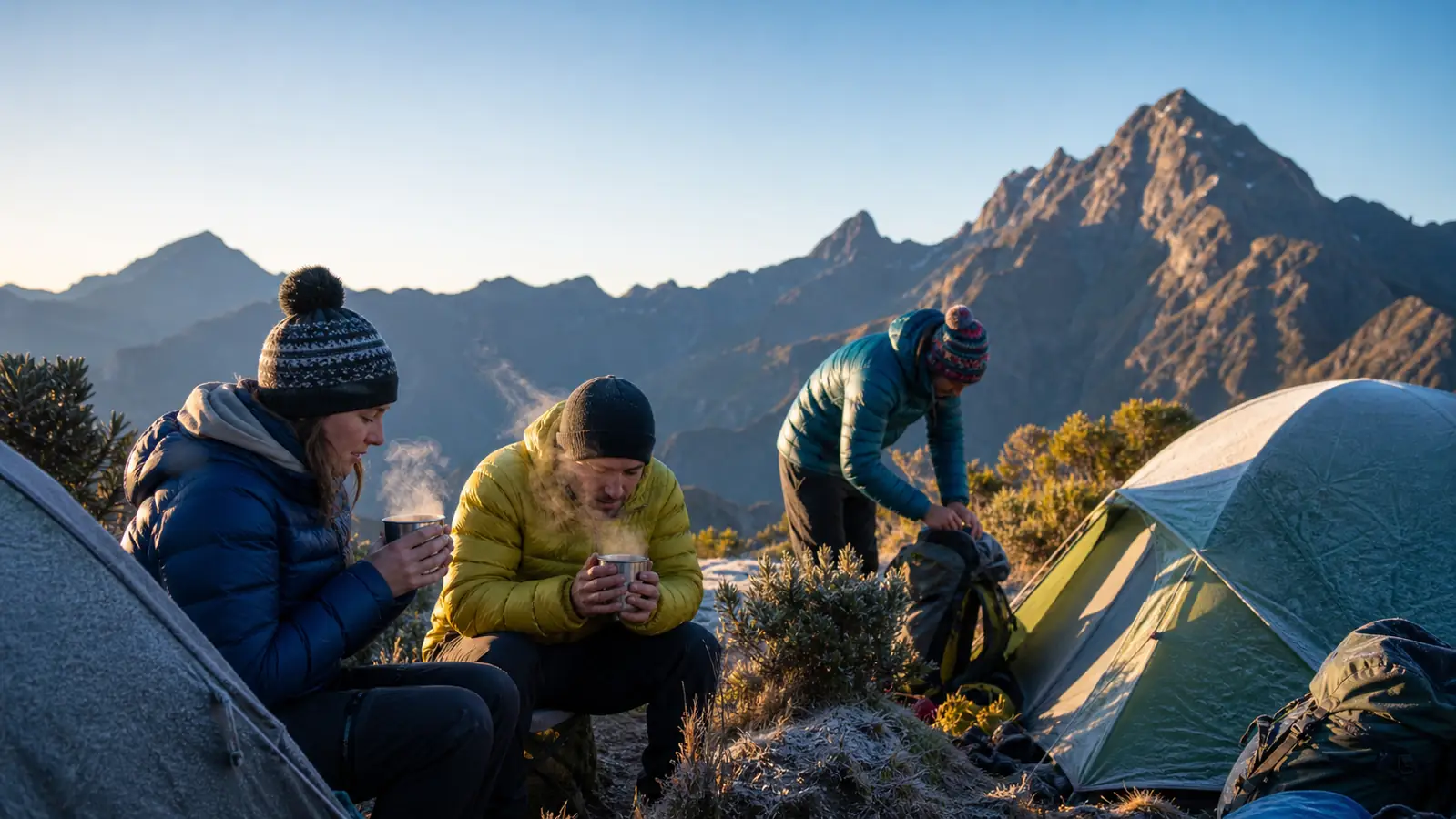 Hikers warming up at a frosty Inca Trail campsite in June