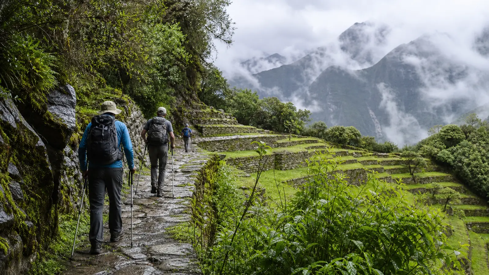 Hikers walking among lush green terraces after a November shower