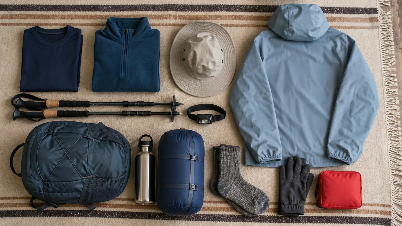 Unbranded clothing and trekking essentials arranged for an Inca Trail packing list
