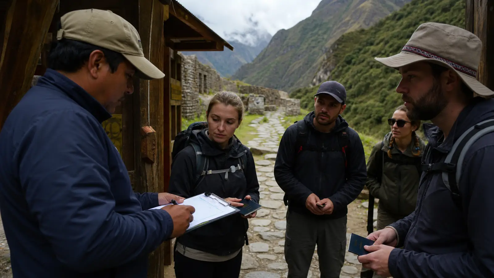 Peruvian guide checking hikers at a controlled Inca Trail entrance