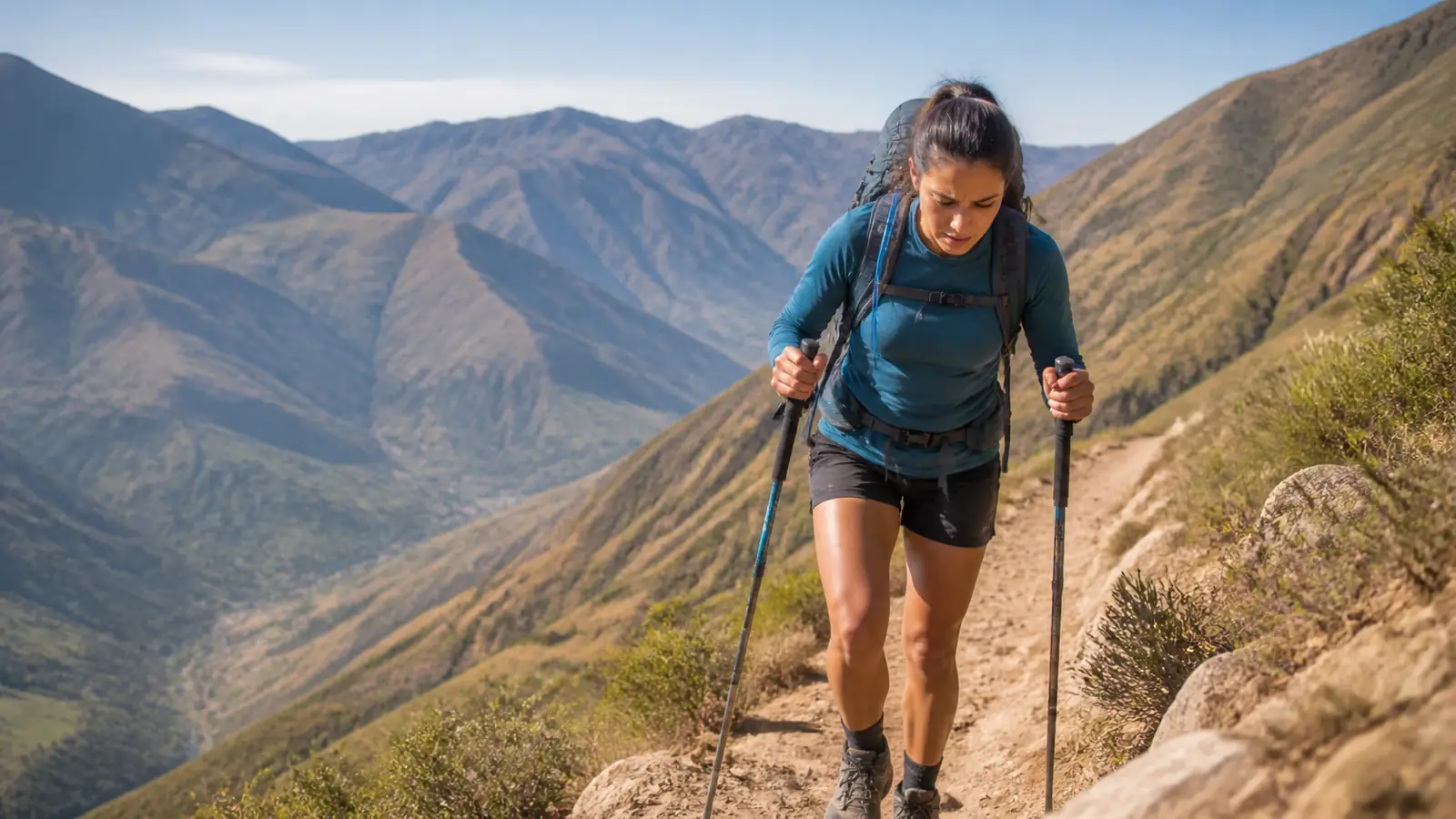 Hiker preparing for the Inca Trail with an uphill training hike and loaded daypack