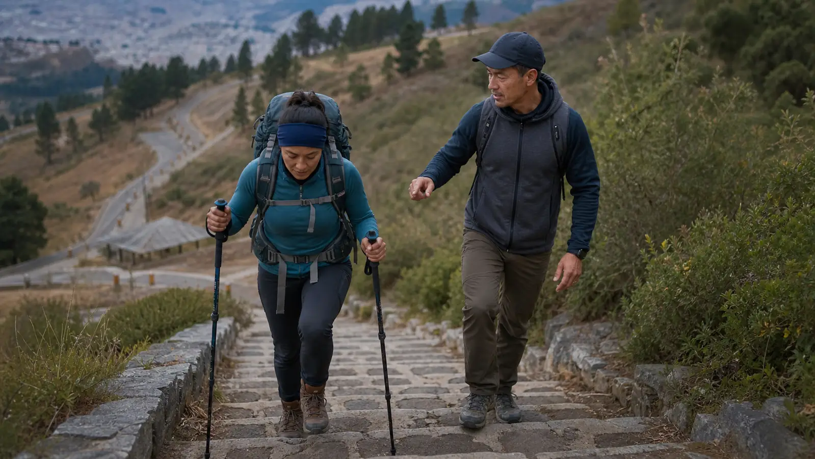 Adult hiker training with a loaded backpack and trekking poles on stone stairs